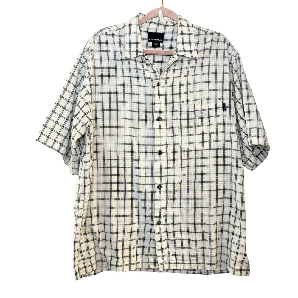 Y2K Oneill Shirt Men White Blue Plaid Short Sleeve Button Up‎ Surf Skate Casual